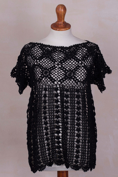 100% pima cotton top, 'Midnight Blossoms' - Black Hand-Crocheted 100% Pima Cotton Top from Peru