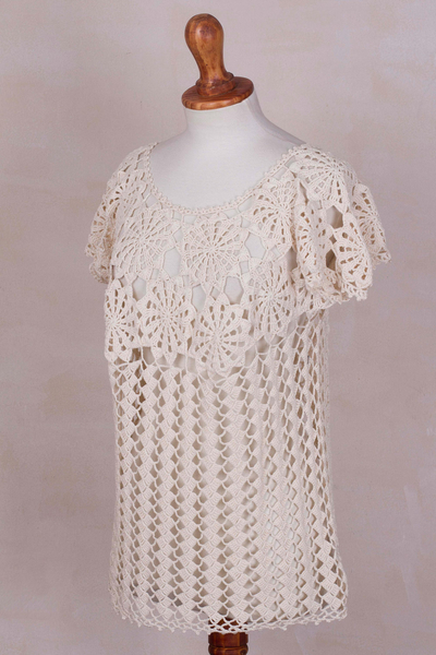 100% pima cotton top, 'Flower Power' - Ivory 100% Pima Cotton Hand Crocheted Floral Themed Top