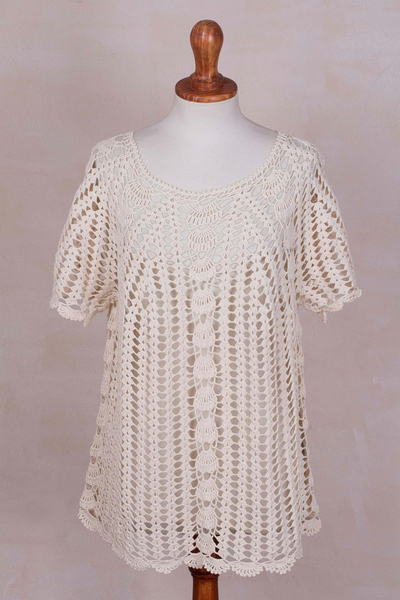 100% pima cotton top, 'Maiden's Dream' - Handcrafted 100% Pima Cotton Pullover Top in White from Peru