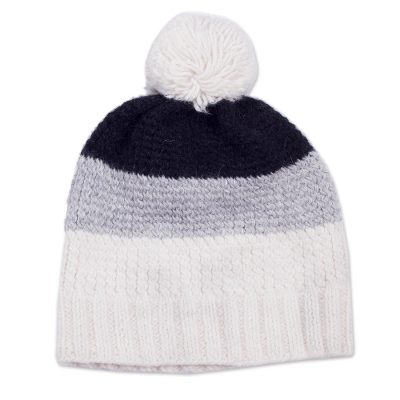 Alpaca blend hat, 'Frost' - Handmade Black Grey and White Alpaca Blend Hat from Peru