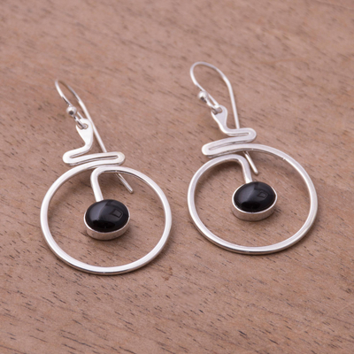 Obsidian dangle earrings, 'Swirling Moons' - Round Black Obsidian Dangle Earrings from Peru