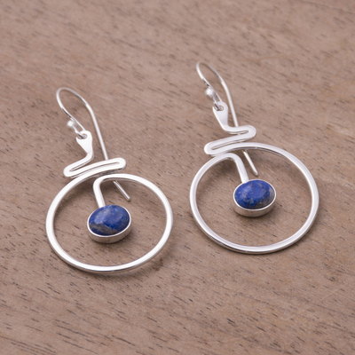 Lapis lazuli dangle earrings, 'Swirling Moons' - Round Lapis Lazuli Dangle Earrings from Peru