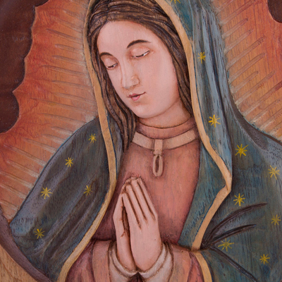 Reliefplatte aus Zedernholz - Handgefertigte Reliefplatte aus Zedernholz der Jungfrau von Guadalupe