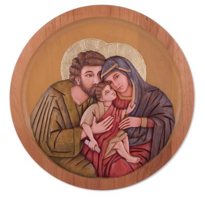 Cedar wood relief panel, 'Family of Christ' - Handcrafted Cedar Wood Relief Panel of Holy Family