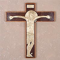 Handcrafted Cedar and Bronze Leaf Wall Cross from Peru,'Byzantine Christ in Gold'