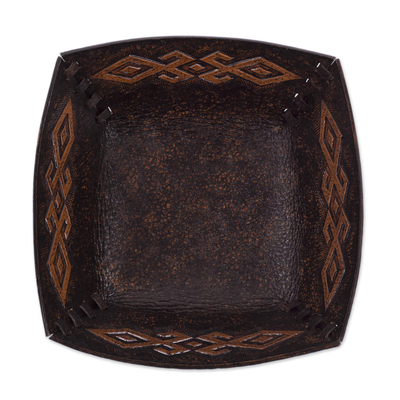 Leather catchall, 'Kuelap Memories' - Pre-Hispanic Motif Handcrafted Tooled Leather Catchall