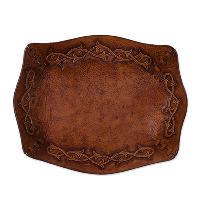 Leather catchall, 'Bramblebush' - Peruvian Handcrafted Tooled Leather Andean Catchall