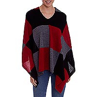 100% baby alpaca poncho, 'Checkmate in Red' - Baby Alpaca Knit Poncho with Red Grey and Black Squares