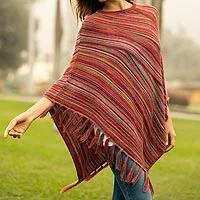 Poncho 100% Alpaca - Poncho de punto 100% lana de alpaca a rayas multicolor con flecos