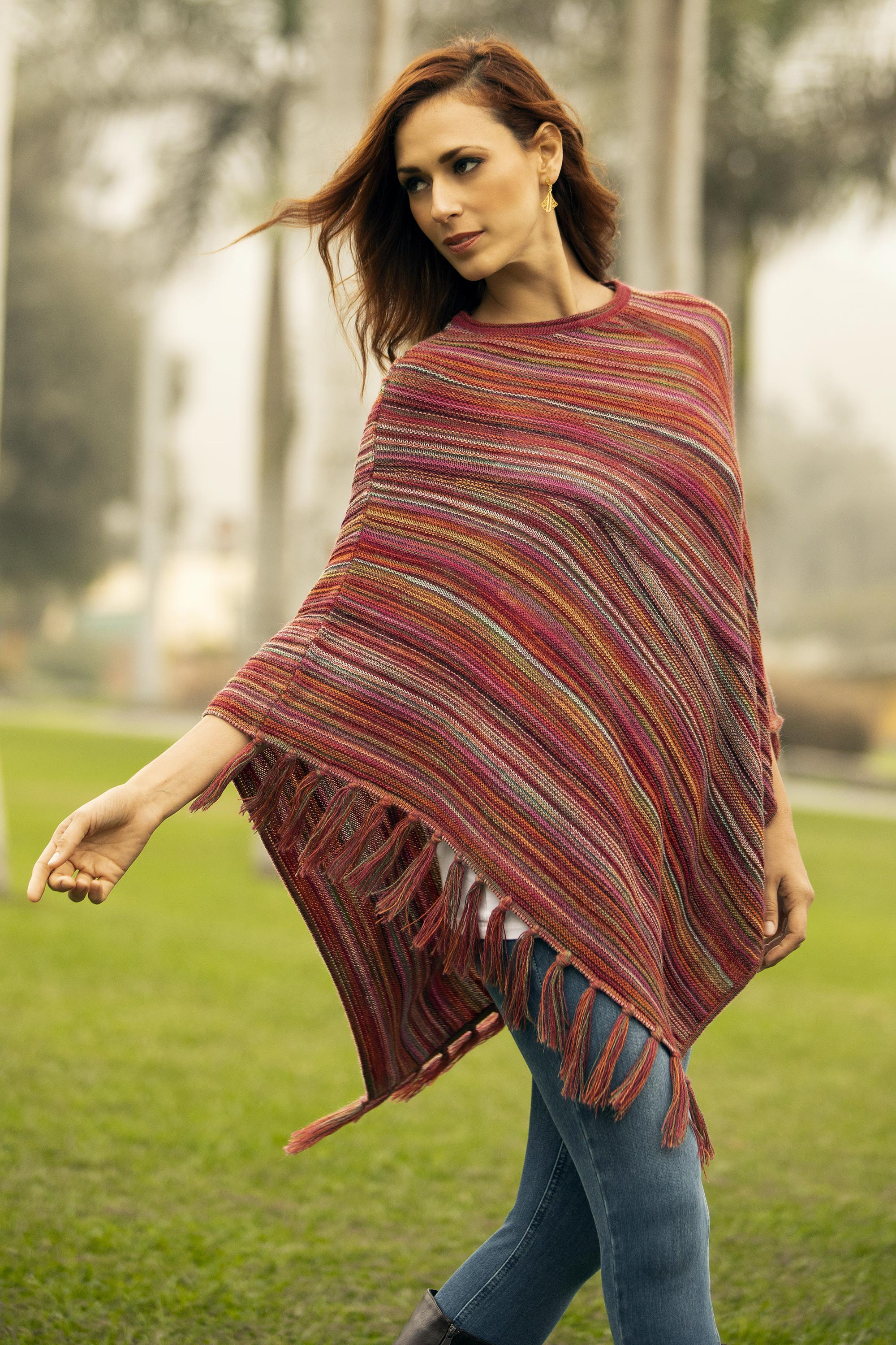 Multi-Color Striped 100% Alpaca Wool Knit Fringed Poncho, 'Swirling Fire