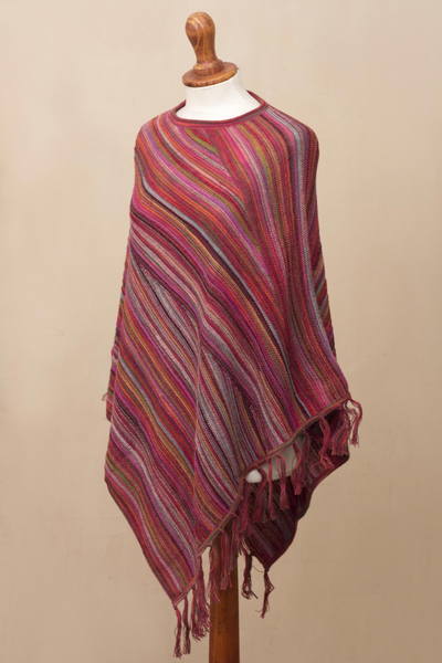 100% Alpaca poncho, 'Swirling Fire' - Multi-Color Striped 100% Alpaca Wool Knit Fringed Poncho