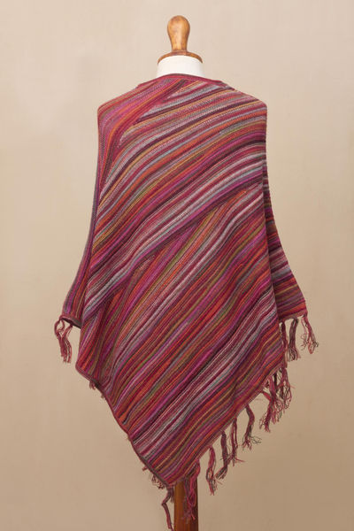 Multi-Color Striped 100% Alpaca Wool Knit Fringed Poncho - Swirling ...