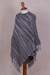100% Alpaca poncho, 'Swirling Clouds' - Black and Grey Striped 100% Alpaca Wool Knit Fringed Poncho (image 2e) thumbail