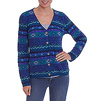 100% alpaca cardigan, 'Colonial Garden' - 100% Alpaca Patterned Knit Cardigan in Shades of Blue
