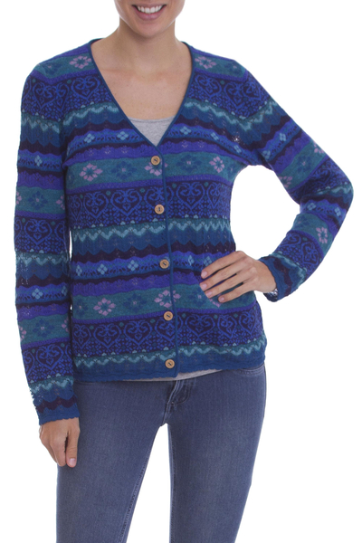 100% Alpaca Patterned Knit Cardigan in Shades of Blue