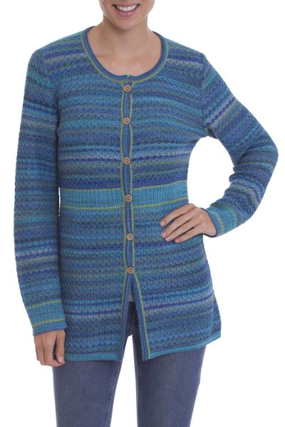 100% Alpaca knit cardigan, 'Texture Trove' - Striped Blue 100% Alpaca Knit Cardigan