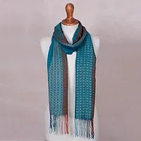 Baby alpaca blend scarf, 'Mountain Rain' - Baby Alpaca Blend Hand Woven Blue and Orange Striped Scarf