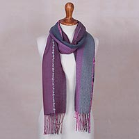 Baby alpaca blend scarf, 'Rosy Splendor' - Baby Alpaca Blend Hand Woven Pink and Grey Striped Scarf