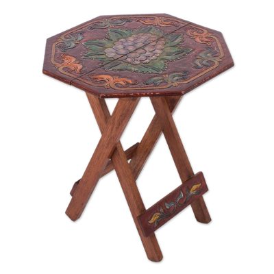 Wood and leather folding table, 'Grape Delight' - Handcrafted Wood and Leather Folding Table from Peru