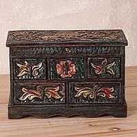 Wood and leather jewellery box, 'Vintage Glory' - Handcrafted Wood and Leather jewellery Box