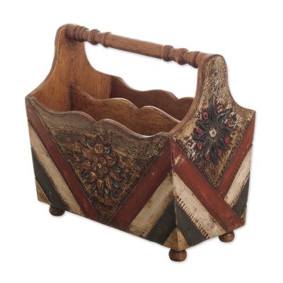 Wood and leather magazine holder, 'Desert Flower' - Handcrafted Leather and Wood Magazine Holder