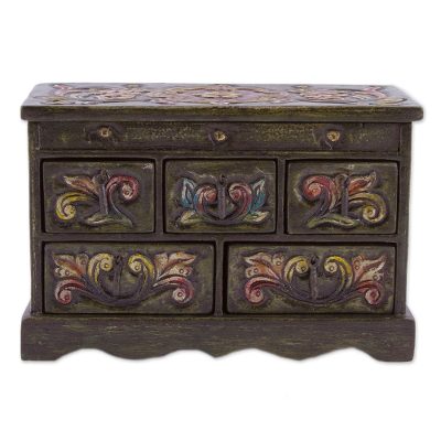 Wood and leather jewelry box, 'Ornate Grandeur' - Handcrafted Wood and Leather Jewelry Box