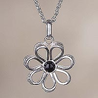 Obsidian filigree pendant necklace, 'Margarita Dream' - Floral Obsidian Floral Pendant Necklace from Peru