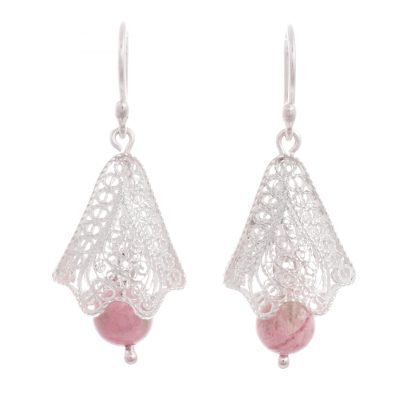 Rhodonite filigree dangle earrings, 'Pink Bells' - Rhodonite and Silver Filigree Dangle Earrings from Peru