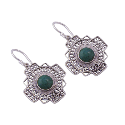 Chrysocolla filigree dangle earrings, 'Green Valley Chakana' - Chrysocolla Chakana Cross Filigree Dangle Earrings from Peru