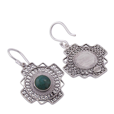 Chrysocolla filigree dangle earrings, 'Green Valley Chakana' - Chrysocolla Chakana Cross Filigree Dangle Earrings from Peru