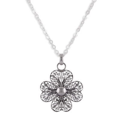 Sterling silver filigree pendant necklace, 'Enchanted Clover' - Sterling Silver Filigree Clover Pendant Necklace from Peru