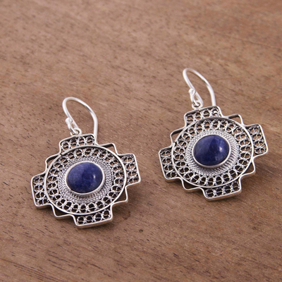 Sodalite filigree dangle earrings, 'Blue Mountain Chakana' - Sodalite Chakana Cross Filigree Dangle Earrings from Peru