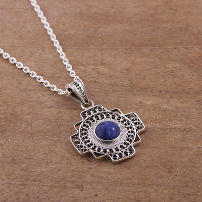Sodalite filigree pendant necklace, 'Blue Mountain Chakana' - Sodalite Chakana Cross Filigree Pendant Necklace from Peru