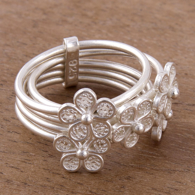 Sterling silver filigree cocktail ring, Orbiting Flowers