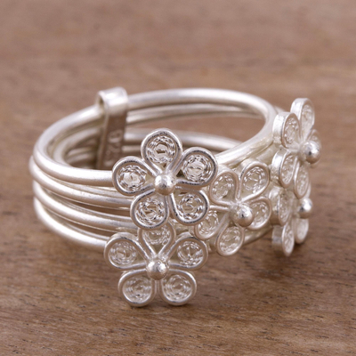 Sterling silver filigree cocktail ring, 'Orbiting Flowers' - Floral Sterling Silver Filigree Cocktail Ring from Peru