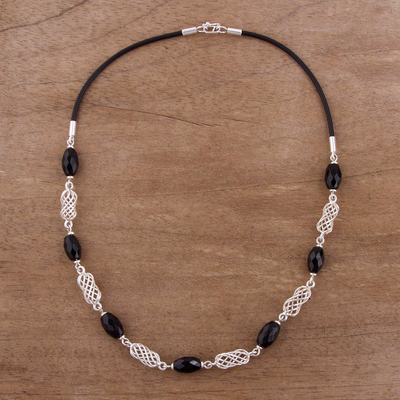 Obsidian link necklace, 'Elegant Night' - Obsidian and Sterling Silver Link Necklace from Peru