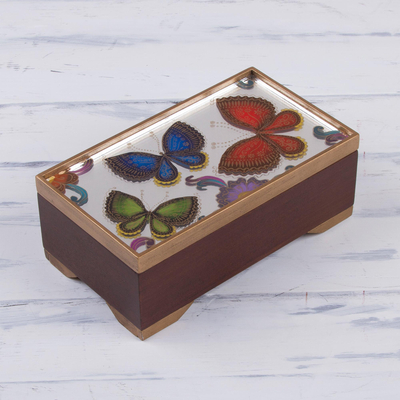 Reverse-painted glass decorative box, 'Butterfly Reflection' - Butterfly Motif Reverse-Painted Glass Box from Peru
