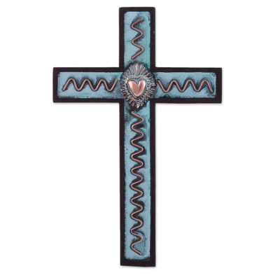 Bronze, copper, and cedar wall cross, 'Celestial Heart' - Peruvian Cedar Wall Cross Decorated with Bronze and Copper