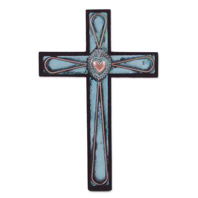 Bronze, copper and wood wall cross, 'Divine Heart' - Bronze and Copper Wooden Wall Cross with Sacred Heart Motif