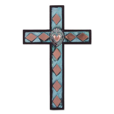 Bronze, copper and wood wall cross, 'Glorious Heart' - Peruvian Bronze, Copper and Wood Wall Cross with Rhombuses