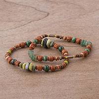 Serpentine, agate, and ceramic beaded stretch bracelets, Wind and Earth (pair)