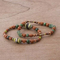 Serpentine, agate, and ceramic beaded stretch bracelets, Wind and Earth (pair)