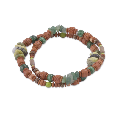Serpentine, agate, and ceramic beaded stretch bracelets, 'Wind and Earth' (pair) - Two Ceramic Beaded Bracelets with Agate and Serpentine