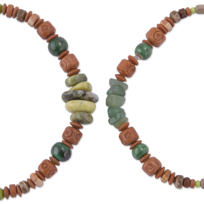 Stretch-Armbänder aus Serpentinen-, Achat- und Keramikperlen, (Paar) - Zwei Keramikperlenarmbänder mit Achat und Serpentin