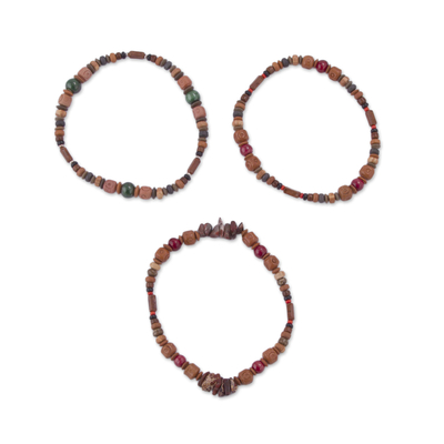 Stretch-Armbänder aus Jaspis- und Keramikperlen (3er-Set) - Drei Jaspis-Armbänder aus Sterlingsilber und Keramikperlen