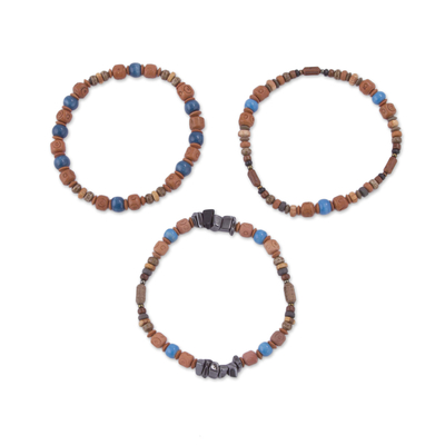 Hämatit- und Keramikperlen-Stretcharmbänder, (3er-Set) - Drei Hämatit- und Keramikperlenarmbänder in Erdtönen
