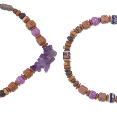 Amethyst and ceramic beaded stretch bracelets, 'Andean Joy' (pair) - Two Amethyst and Ceramic Beaded Stretch Bracelets from Peru
