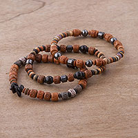 Onyx, hematite and ceramic beaded stretch bracelets, 'Inca Bliss' (set of 3)