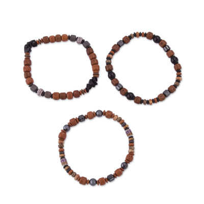 Onyx, hematite and ceramic beaded stretch bracelets, 'Inca Bliss' (set of 3) - Three Onyx Hematite and Ceramic Beaded Bracelets from Peru
