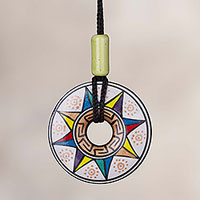 Ceramic Pendant Necklace with Multicolored Sun from Peru,'Sun of Many Colors'